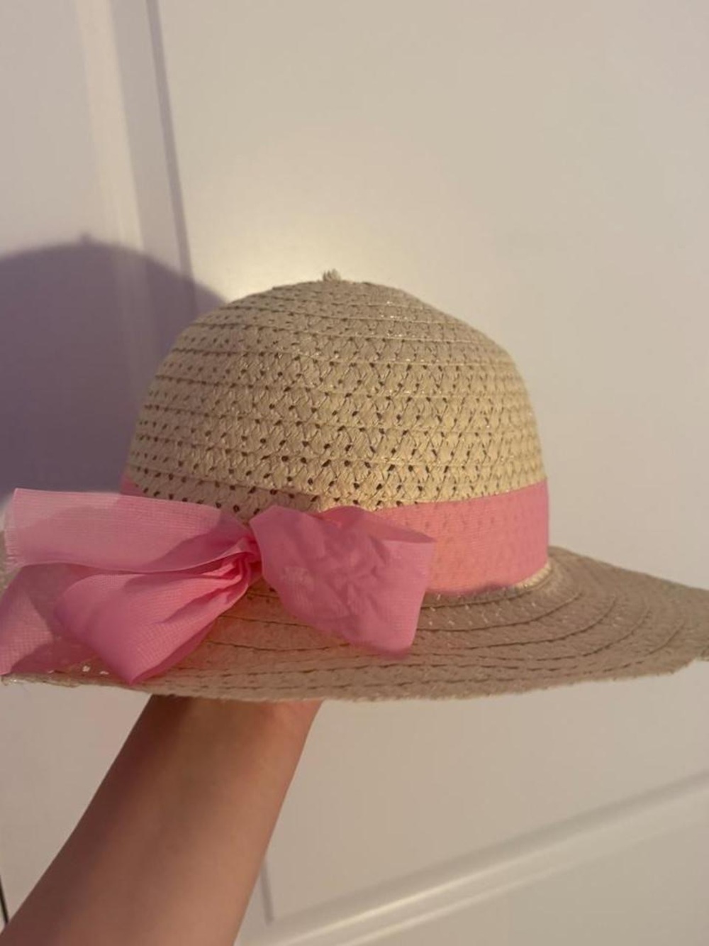 Girls' Straw Sun Hat with Pink Ribbon Trim